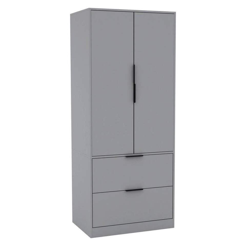 URBNLIVING 2 Door 2 Drawer Minimalist Bedroom Grey Wardrobe Storage & Hanging Rail Modern Furniture with Clothes Shelf for Home Organiser Unit 179cm H x 74cm W x 50cm D