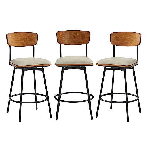 CHITA Swivel Counter Height Bar Stools with Back, Faux Leather Upholstered Barstools Set of 3, 27