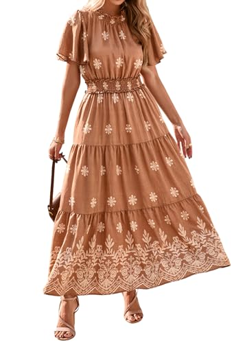 KIRUNDO Floral Maxi Dresses for Women 2026 Spring Summer Wedding Guest Short Sleeve Smocked Waist Flowy Beach Vacation Dress(Khaki, Small)