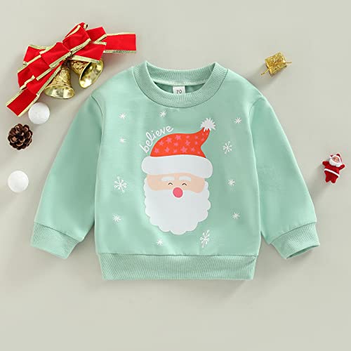 Twopumpkin Toddler Girl Boy Christmas Shrit Baby Santa Outfit Crewneck Sweatshirt Long Sleeve Sweater Holiday Sister Matching Clothes 18-24 Months C Santa Print Mint Green #TOP3