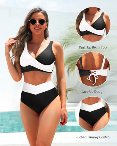 Image of Aqua Eve Women High Waisted Bikini Twist Front Swimsuits Lace up Bikini Tops Ruched Push up 2 Piece Bathing Suits