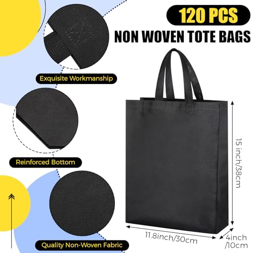 Silkfly 120 Pcs Non Woven Tote Bags Bulk 11.8 x 4 x 15 Inch Large Reusable Gift Bag Fabric Grocery Bags with Handles(Black) - Thumbnail 2