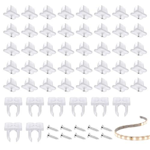 Ztolbriy Lot de 50 Clips de Montage Bande LED - compatibles avec les bandes LED en silicone de 5 mm à 6 mm, avec vis de fixation, translucides, pour une...