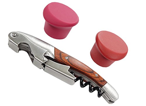 Waiters Corkscrew (4 in 1) by HeAndy –Bottle Opener with Foil Cutter, Wine Opener and Beer Opener Made from Stainless Steel with Elegant Rosewood Handle and 2 Extra Silicone Stoppers