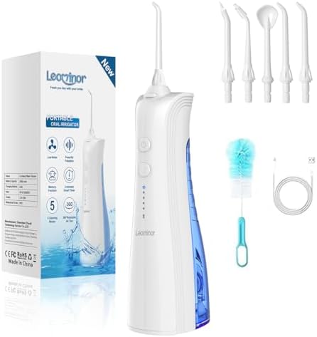 Leominor Water Dental Flosser - 5 Modes Cordless Portable Oral Irrigator, IPX7 Waterproof, Rechargeable Teeth Cleaner Upgrade Datchable Tank Professional Flossing Cleaning Pick for Home Travel (White)