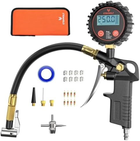 ETENWOLF T500 Digital Tire Pressure Gauge with Inflator, Tire Gauge 0-250 PSI, Calibrated to ANSI B40.7 Grade 2A, Air Chuck & Compressor Accessories with Storage Bag, Black