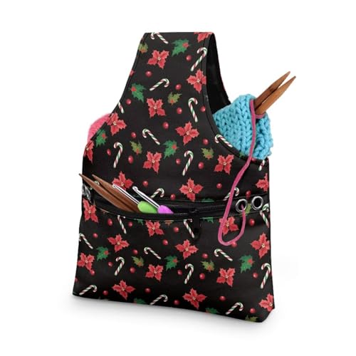 Image of KUIFORTI Christmas Yarn Bag for Crocheting, Xmas Poinsettia Flower Crochet Bag Organizer, Knitting Bag Crochet Bag Small Yarn Bags for Crocheting on The Go