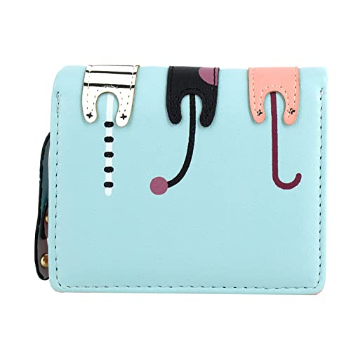 Valentoria® Birthday Gifts For Women's Mini Faux Leather Bifold 3 Cat Design Clutch Wallet (Teal Blue) #TOP6