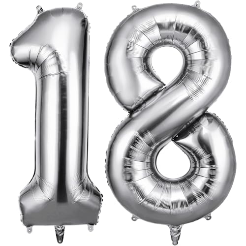 OFFCUP Zahlen Luftballon 18 Geburtstag Silber Folienballon Zahl 18 40 Zoll Helium Ballons Riesen 101cm Geburtstag Mädchen Junge PartyDeko Ballon Zahl Deko zum Jubiläum Neujahr Hochzeit