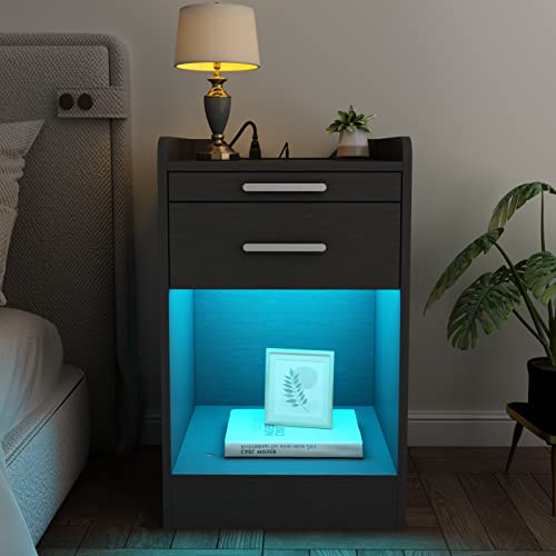 Gyfimoie Led Nightstand With Wireless Charging Station, Modern Bedroom End Side Table With Rfid Lock Cabinet And Power Outlets, Sofa Bedside Table With Hidden Compartment For Valuables Storage, Black #TOP1