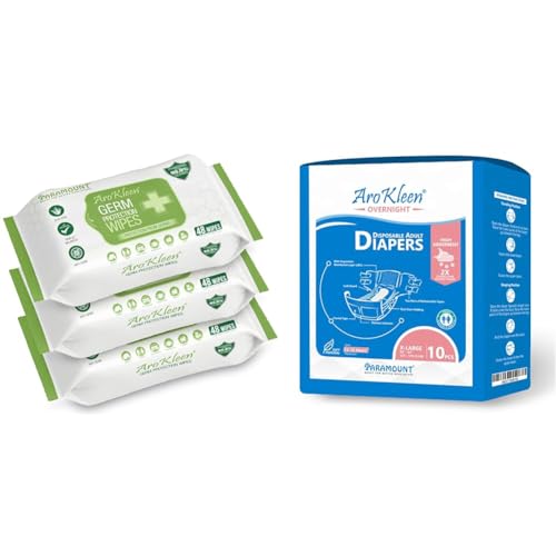 Image of AROKLEEN 99.99% 144 Count Germ Protection Multipurpose Thick & Soft Wet Wipes, 100% Alcohol-Free, | Arokleen 2X Absorbent Overnight Adult Diaper Extra Large (XL) Tape Style | 10 Count Medium | Waist