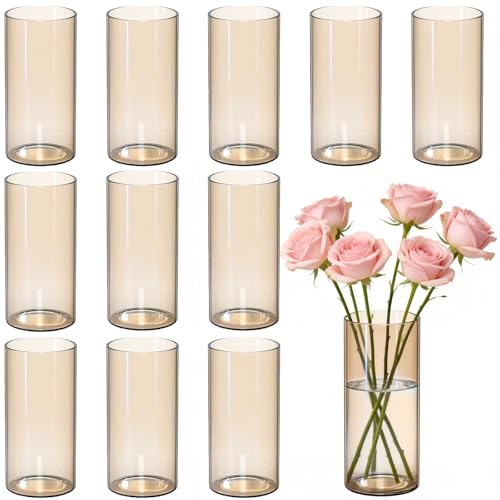 12pcs Amber Glass Cylinder Vases for Centerpieces, Gold 6 Inch Clear Flower Vases for Wedding Decorations and Indoor Home Decor, Hurricane Candle Holder for Table Shelf, Party