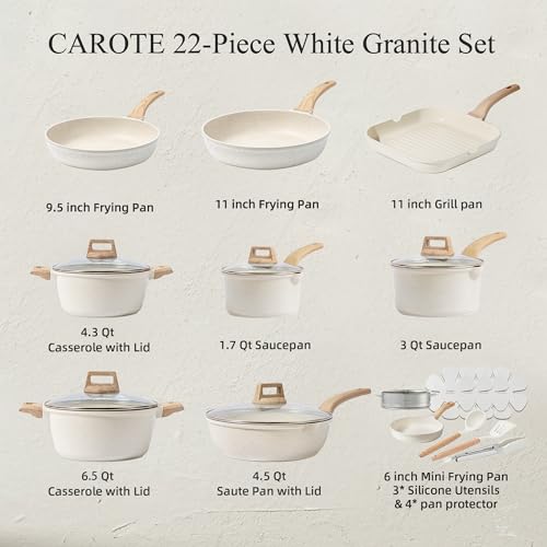 image for CAROTE 22pcs Pots and Pans Set Nonstick, Cookware Set White Granite In