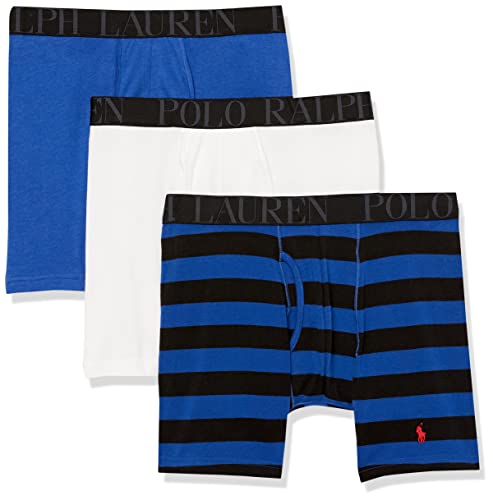 POLO RALPH LAUREN Men's Classic Fit Stretch Boxer Briefs, White/Black & Blue Stripe/Blue-3 Pack, M (Pack of 3)