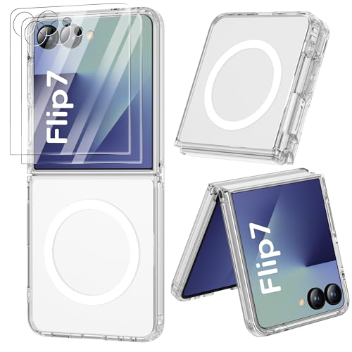 ORETECH Funda para Samsung Galaxy Z Flip 7, con [mag-Safe] [2X Protector Pantalla], Antichoque Anti-arañazos Bumper Carcasa Transparente PC Dura Caso Case para Samsung Z Flip 7, Claro
