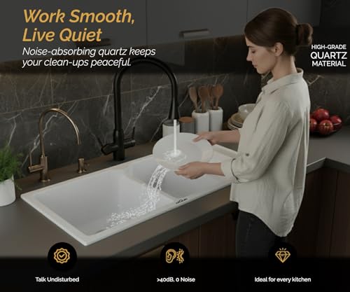 Image of ARQUIN Double Bowl with Drainboard Quartz Kitchen Sink 45x20x9 Inch Sand Pluto | Undermount,Topmount | Including Coupling,Sink Connector,Waste Pipe & Fruit Washing Basket