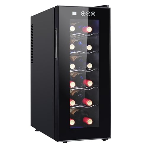 GQKVQ Vinoteca 12 Botellas,Pantalla Táctil Inteligente LED,Puerta de Vidrio, Anti-UV, Pantalla LED, Luz Interior,Temperatura Ajustable de 8-18ºC