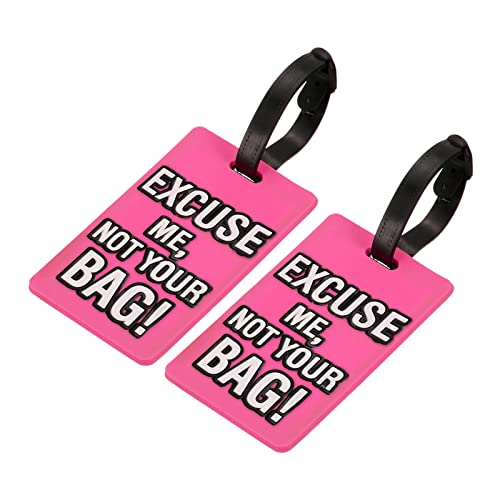 MECCANIXITY Luggage Tag, PVC Identifier Card Holder Label, Excuse Me, Not Your Bag Pattern Travel Bag Tag with Adjustable Strap for Baggage Suitcase, Pink 2 Pack