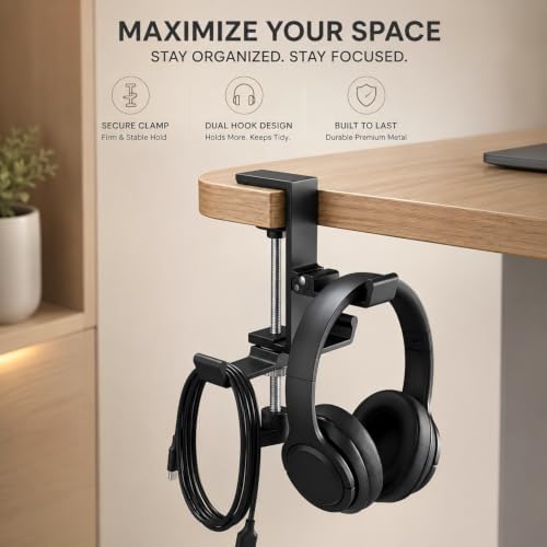 JAKO Headphone Stand for Desk, 3 Hooks Aluminum Alloy Headphone Holder (1 Foldable+2 Fixed) Space Saving Headset Stand Hook, Universal Fit PC Gaming Headsets Holder Desk Clamp for Office/Game Table — view 7