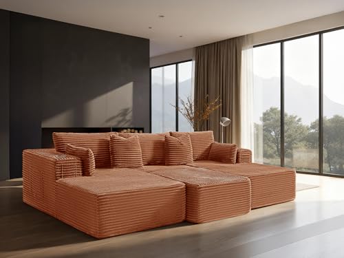 Image of 108 inch Cloud Sectional Couch, Comfort Sleep Sofa for Living Room, Extra Deep Seats No Assembly, Minimalist Modular Couch, Corduroy (Deep Orange, Widen Loveseat Chaise)