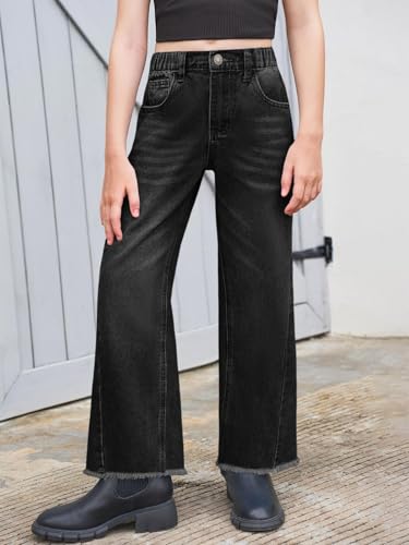 Haloumoning Girls Wide Leg Jeans Kids Elastic High Waisted Raw Hem Denim Pants with Pockets 5-14 Years2