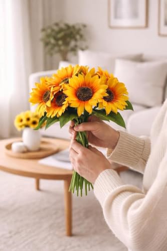Image of SATYAM KRAFT 6 Bunch Artificial Sunflowers Stick Bunch | Realistic Look & Charming Flowers | Bouquet for Home Decor, Bedroom, Balcony, Wedding (Without Vase Pot) (Yellow)