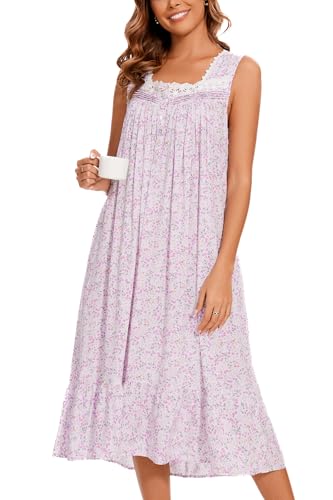 Image of AVIIER Cotton Nightgowns for Women Sleeveless House Dress Ladies Long Nightdress with Pockets S-XXL
