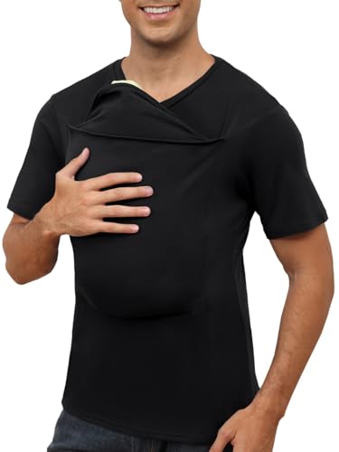 ThusFar Mens Baby Carrier Shirt Dad Shirt for Men Short Sleeve Baby Wearing T-Shirt V Neck Pocket Tee Shirts Black L