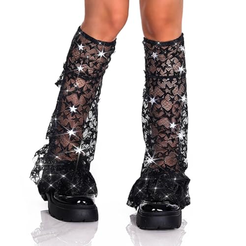 Image of Leg Warmers Lace Star Ruffle Long Thigh Highs Socks Black Y2K Leg Warmers for Women