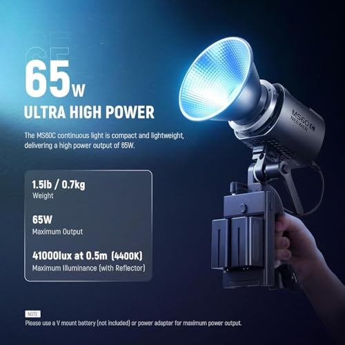 Image of NEEWER MS60C LED Video Light RGBWW Control 2.4G /App, 65W Mini RGB COB Continuous Light, 2700K-6500K, 8300lux /1m, CRI97+, 17 Effects, Manual Bowens Focus for Studio Photography Recording
