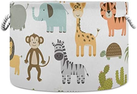 AJINGA Collapsible Round Storage Basket Fabric Toy Chest Organizer, Cute Safari Animals Giraffe Lion Hippo Crocodile Laundry Basket with Drawstrings for Kids