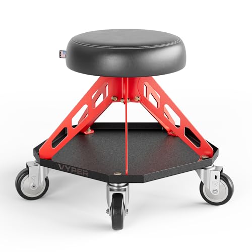 Vyper Robust Steel Pro Shop Chair for Mechanics, Automotive, DIY - 400 lb Capacity Garage Stool, Large Wheels Shop Stool (Black Seat, Red Frame) -  Vyper Industrial, RSP