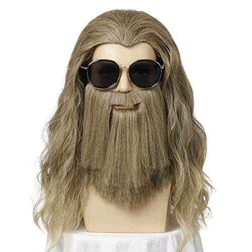ATAYOU® Peluca Larga Rizada Marrón Larga Para Hombre Peluca Cosplay de Halloween Peluca de Fiesta de Disfraces de Thor incluido Thor Beard