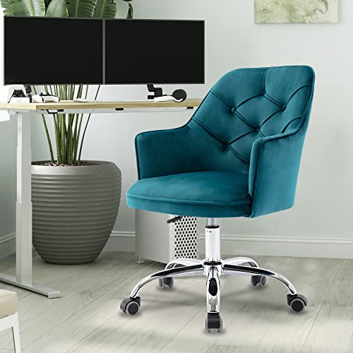 Homefun Velvet Desk, Chair Cute Vanity Chair Upholstered Swivel Rolling Task Chair Girls Home Office Chair Height Adjustable For Bedroom Living Room, Teal #TOP1