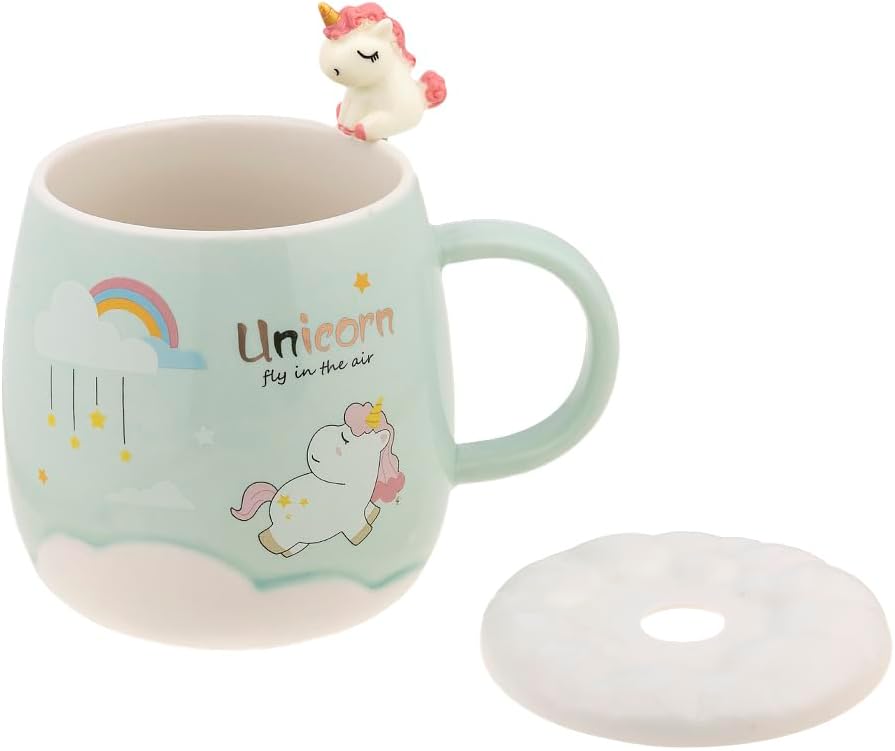lachineuse - Unicorn Mug - Porcelain - 3D Unicorn Lid and Cutlery - 500ml - Breakfast and Relaxation Break - Coffee, Tea, Hot Chocolate - Asian Gift Idea - Green Colour