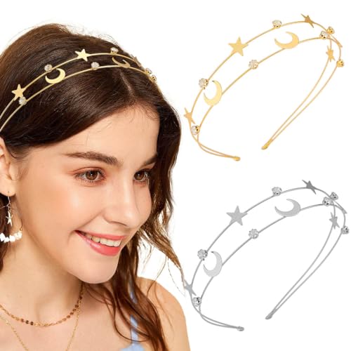 Foyte Moon Star Headband Rhinestone Wedding Bride Hairband Gold Crescent Moon Hair Hoop Layered Crystal Headpiece Silver Bridal Hair Accessories 2PCS