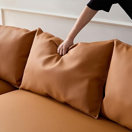 Image of KEIKI 129 inch Curved Oversized Modular Bonded Leather Sectional Sofa with Left Chaise, 4 Pillows, 3 Back Cushion, Modern Comfy 5-Seater Couch, Easy Assembly, for Apartment, Living Room, Orange