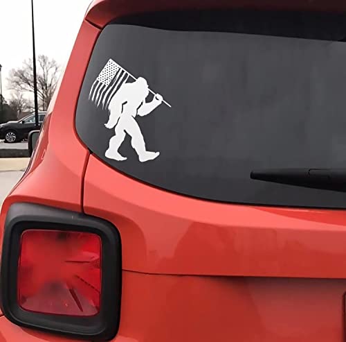 Image of Patriotic Spirit and Love for Bigfoot with a Distressed American Flag Car Vinyl Decal Window Bumper Sticker 5 inch (White)