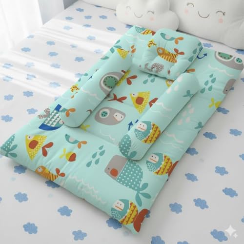 Image of StarAndDaisy Newborn Baby Bedding Nest 100% Cotton Cushioned Mattress Sheet with 2 Side Bolster Pillows & 1 Head Pillow Breathable & Soft Boys & Girl Design Aqua Print