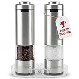 Salz und Pfeffermühle 2er Set | Batteriebetrieben | LED Licht | Einstellbare Feinheit | inkl. GRATIS Ständer - von Latent Epicure