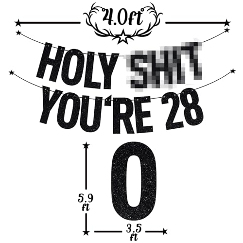 Image of Black Glitter Holy Sh*t You're 28 Banner, Happy 28th Birthday /Cheers to 28 Years, Funny 28th Birthday Party Decorations Supplies