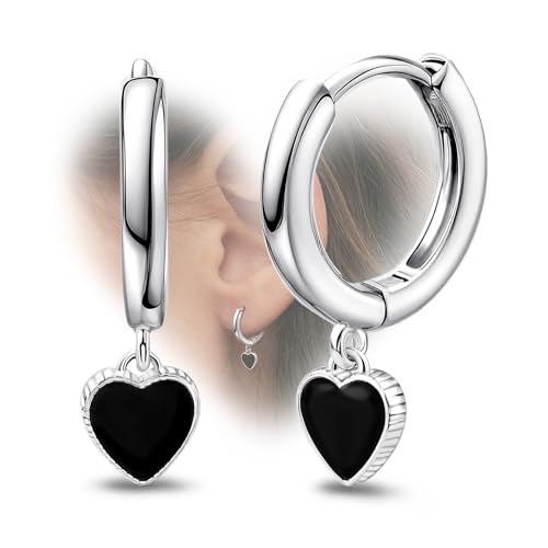 Generic Silver Heart Earrings for Women - Black Heart Hoop Earrings Dainty Minimalist Cute Love Dangle Earrings Hypoallergenic Small Huggie Earring Jewelry Gifts for Women Teen Girls for Mother's Day