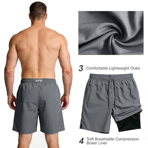 Image of Men's Swim Trunks with Compression Liner, Quick Dry Hawaiian Swimwear Bathing Suit Drawstring Board Shorts