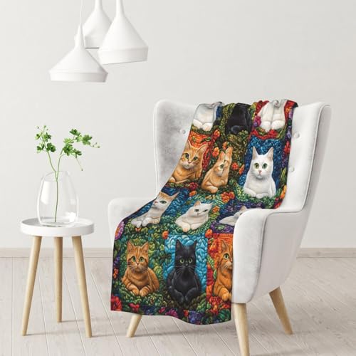 CDSASHCA Colorful Cat Quilt Floral Flannel Fleece Blanket
