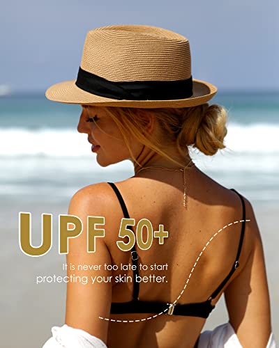 Straw Fedora Sun Hats For Women Men Summer Sun Beach Hat Packable Short Brim Roll Up Straw Panama Fedora Hat Khaki-Beige #TOP4