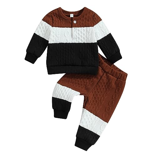 Image of MERSARIPHY Infant Baby Outfits Baby Boy Girl Pullover Sweatshirt Knit Sweater Long Pants Fall Winter Clothes (Brown, 9-12 Months)