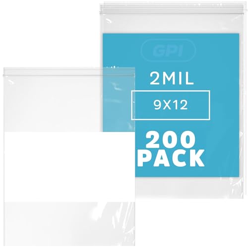 GPI 9" x 12" Zip Bags, 200 Pack, 2 Mil, Write with White Block, for storage