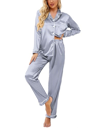 Image of Ekouaer Womens Satin Pajama Set Classic Pattern Silky Pj Sets Button Down Sleepwear Loungewear