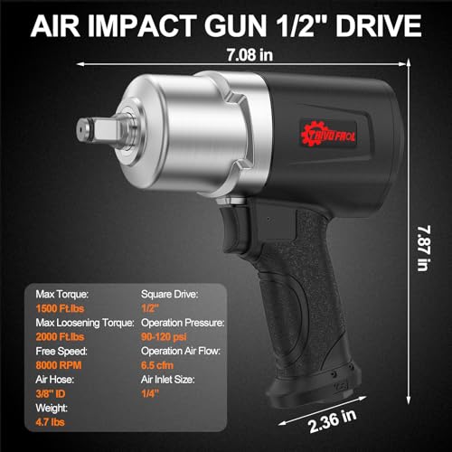 Trivd Frol Air Impact Wrench 1/2\" - 1/2 Inch Impact Gun 1/2 Drive, 1500Ft-lbs, 8000RPM High Torque Impact Wrench, Weight 4.74 lb, 1/2 Air Impact Gun for Auto Repair, Tire Shop