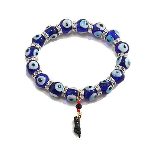 Caiyao Lucky Colorful Turkish Evil Eye Bead Bracelet Black Azabache Hand Figa Kabbalah Stretchy Bracelet for Women Men Friend Handmade Protection Good Luck Amulet Jewelry-C blue